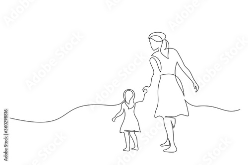 Mother and daughter walking together one line drawing