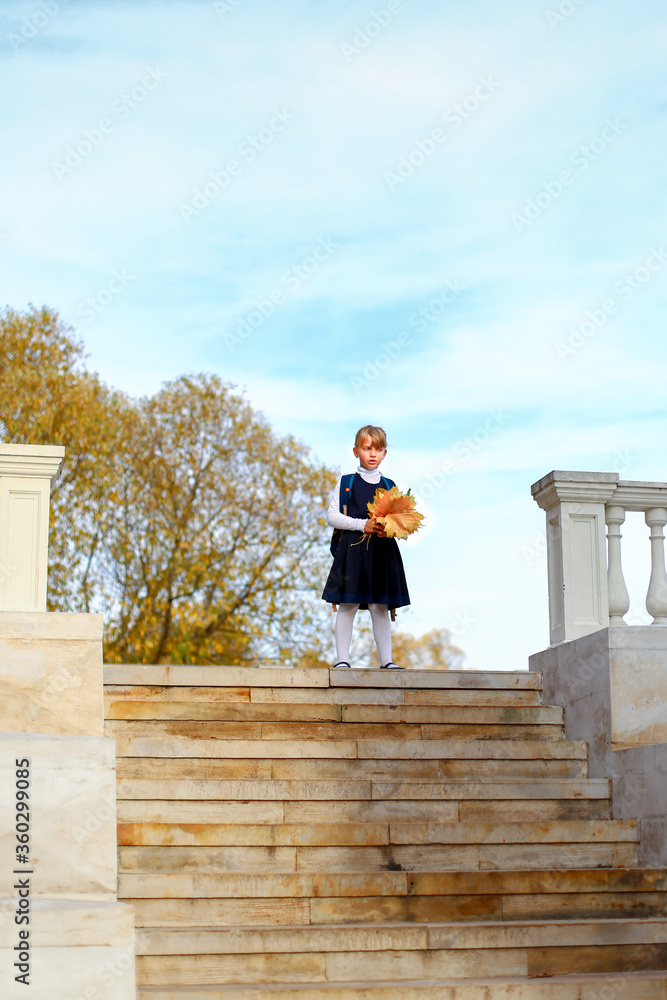 Back to elementary school. Little girl with pigtails in blue uniform with large backpack,bouquet of bright yellow maple leaves rises alone down the stairs.Day of Knowledge,first grade. Autumn concept