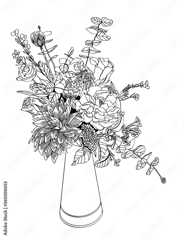 Fototapeta vector black white contour sketch of wild flowers in the vase. flowers in water