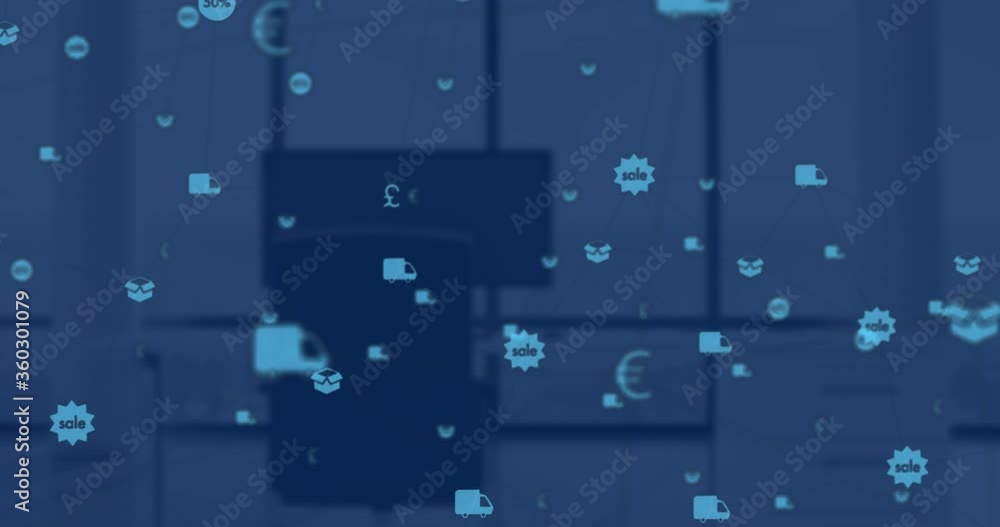 Digital composite video of web of connections with icons moving against computer desktop Digital composite video of web of connections with icons moving against computer desktop