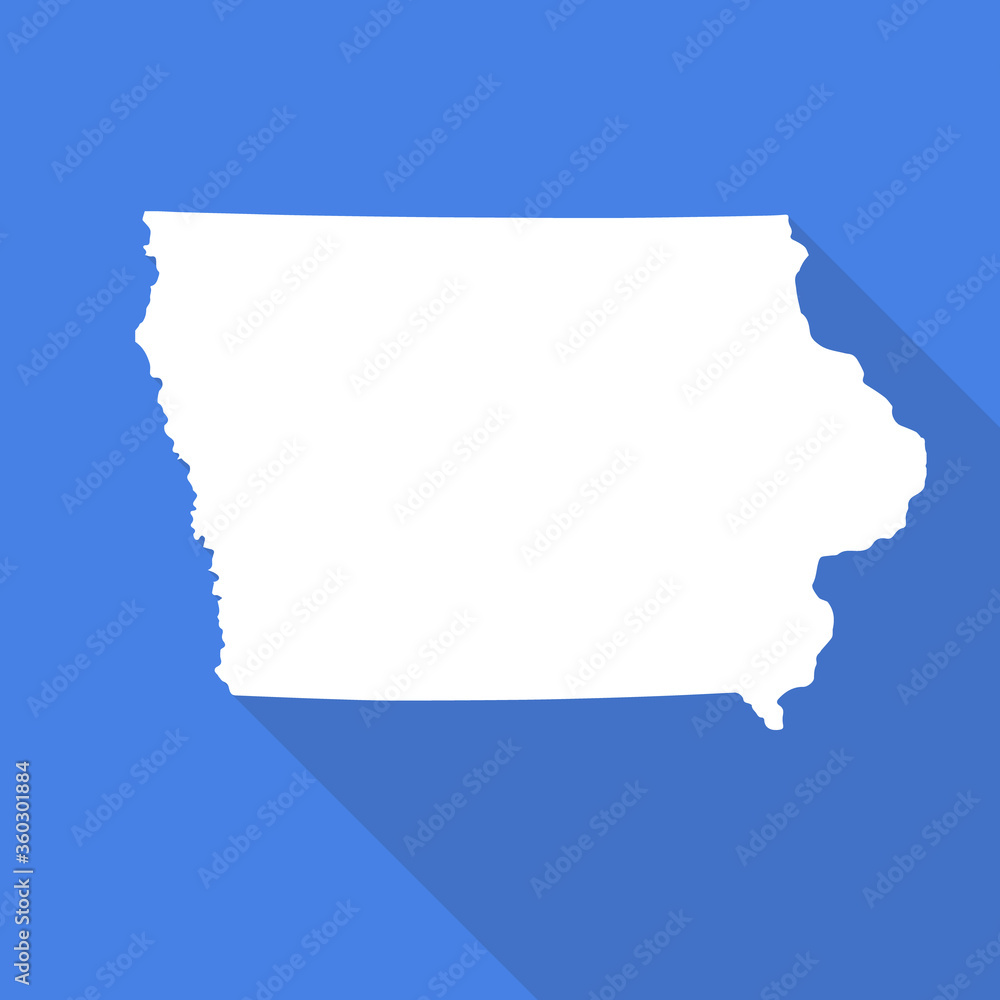 Iowa white map flat simple style with long shadow on blue background. State border. Vector Illustration Iowa white map flat simple style with long shadow on blue background. State border. Vector Illustration