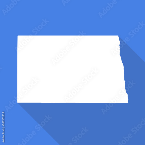 North Dakota white map flat simple style with long shadow on blue background. State border. Vector Illustration