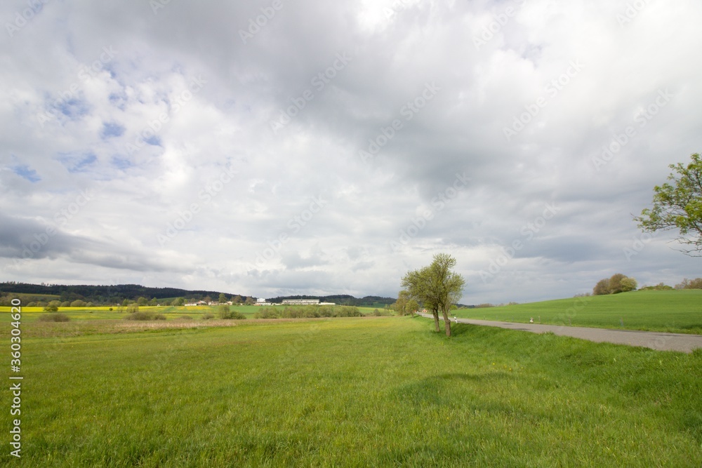 Road throught the green meadows of czech countryside
