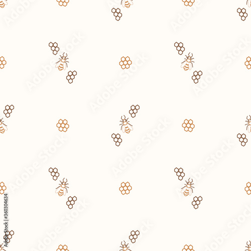Seamless background bee and honey comb gender neutral baby pattern. Simple whimsical minimal earthy 2 tone color. Kids nursery wallpaper or boho woodland nature fashion all over print.