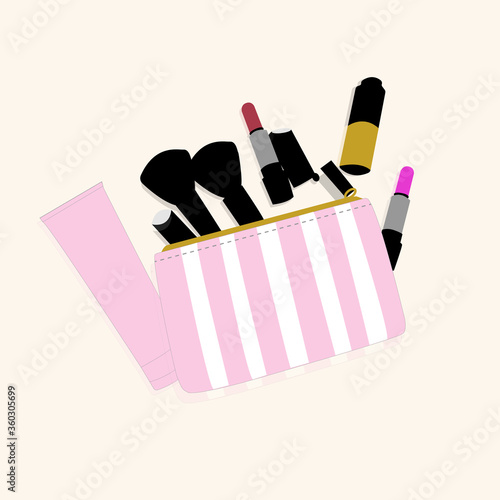 Stylish women's cosmetic bag, lipstick, cream, brushes. Flatlay. Vector illustration
