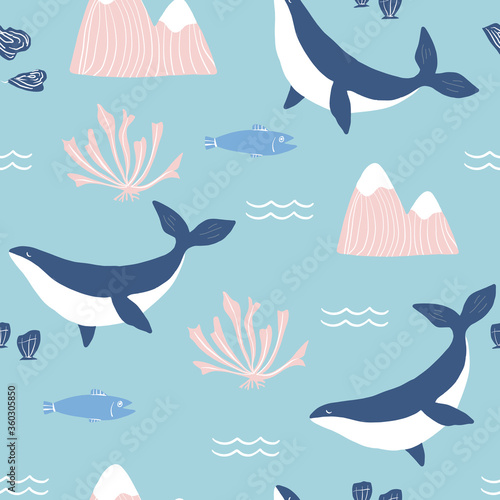 Simple whale Orcas, pink mountains and sea shells blue background seamless pattern. Vector illustration. Repeating pattern design.