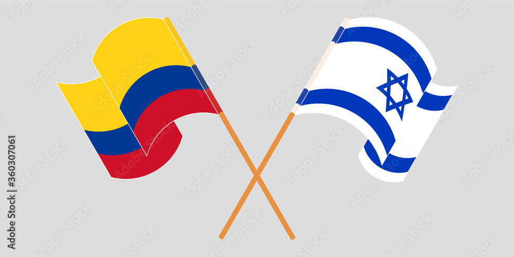 Crossed and waving flags of Colombia and Israel Crossed and waving flags of Colombia and Israel