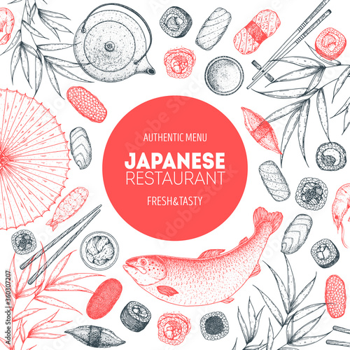 Sushi and rolls vector illustration. Hand drawn sketch. Japanese food menu design. Vintage vector elements for japanese cuisine menu. Retro style design. Food and drink collection. Sushi sketch.