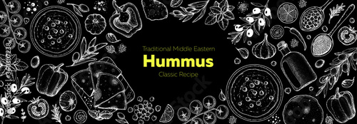 Hummus cooking and ingredients for hummus, sketch illustration. Middle eastern cuisine frame. Healthy food, design elements. Hand drawn, package design. Middle eastern food.