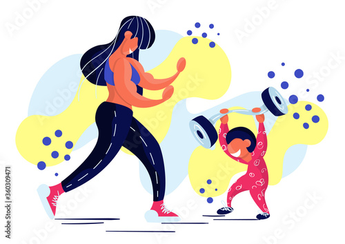 Stock vector illustration of fitness girl with her baby. Stay home, keep fit. Muscle mom doing sports with child. Body positive. Fitness workout, sport at home. Moms do sports too. Healthy lifestyle. 