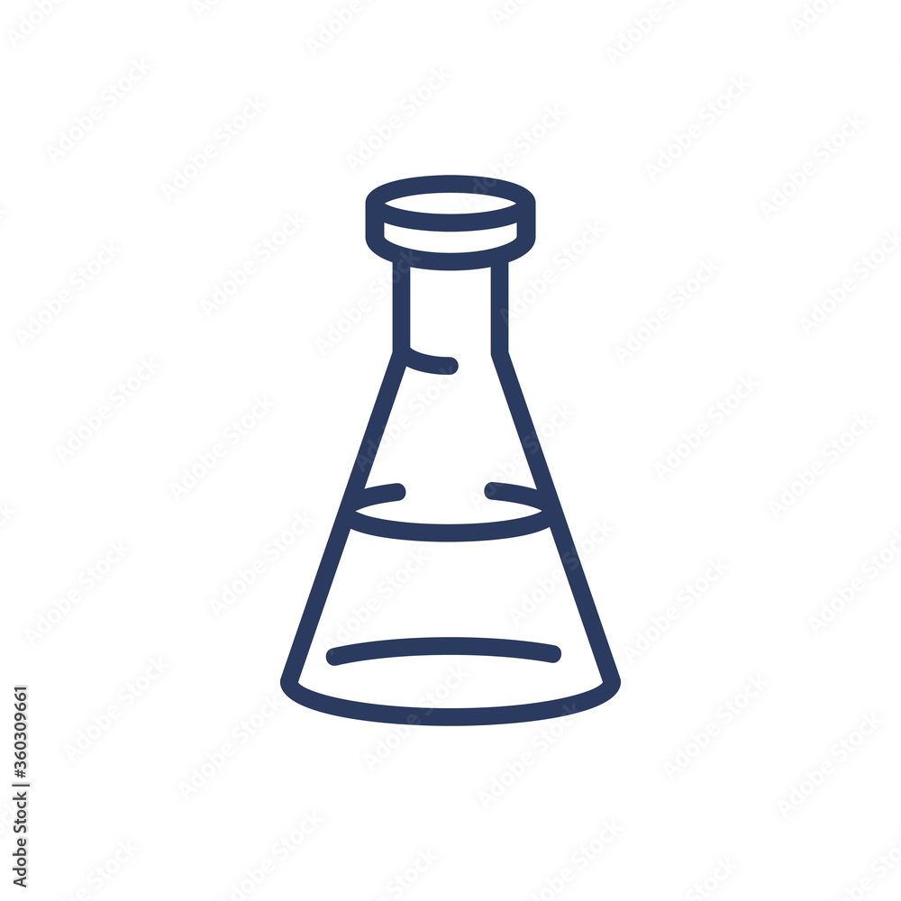 Liquid in triangular flask thin line icon. Glass, reagent, mixture isolated outline sign. Chemistry and science concept. Vector illustration symbol element for web design and apps Liquid in triangular flask thin line icon. Glass, reagent, mixture isolated outline sign. Chemistry and science concept. Vector illustration symbol element for web design and apps