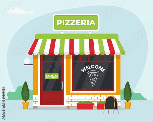 Pizzeria store front. Commercial, property, market caffee. Vector illustration in flat style