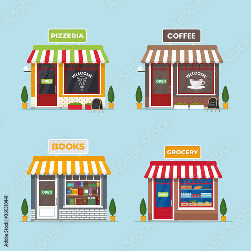 Store front. Store front coffee, pizzeria, grocery, bookshop. Set of isolated facade buildings. Small business Street architecture. Vector illustration in flat style