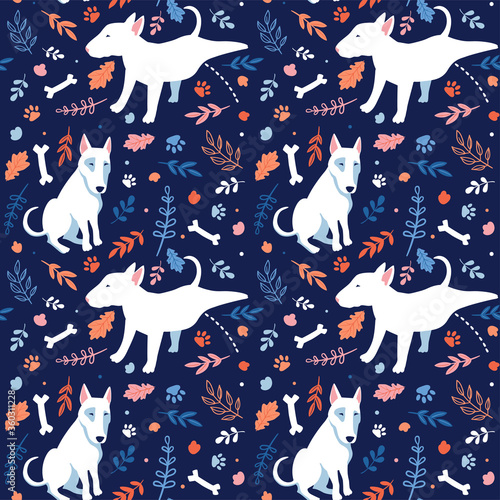 Foto Seamless cartoon dogs pattern with bones, footprint and leaves