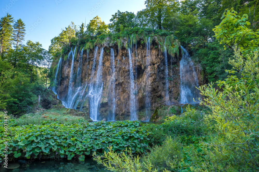 Beautiful Great Warefall in Plitvice Lakes national park in Croatia, a stunning water cascade with crystal clear lakes and waterfalls among forest and wildlife
