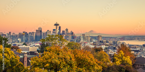 Seattle Washington state Skyline Cityscape During Sunset