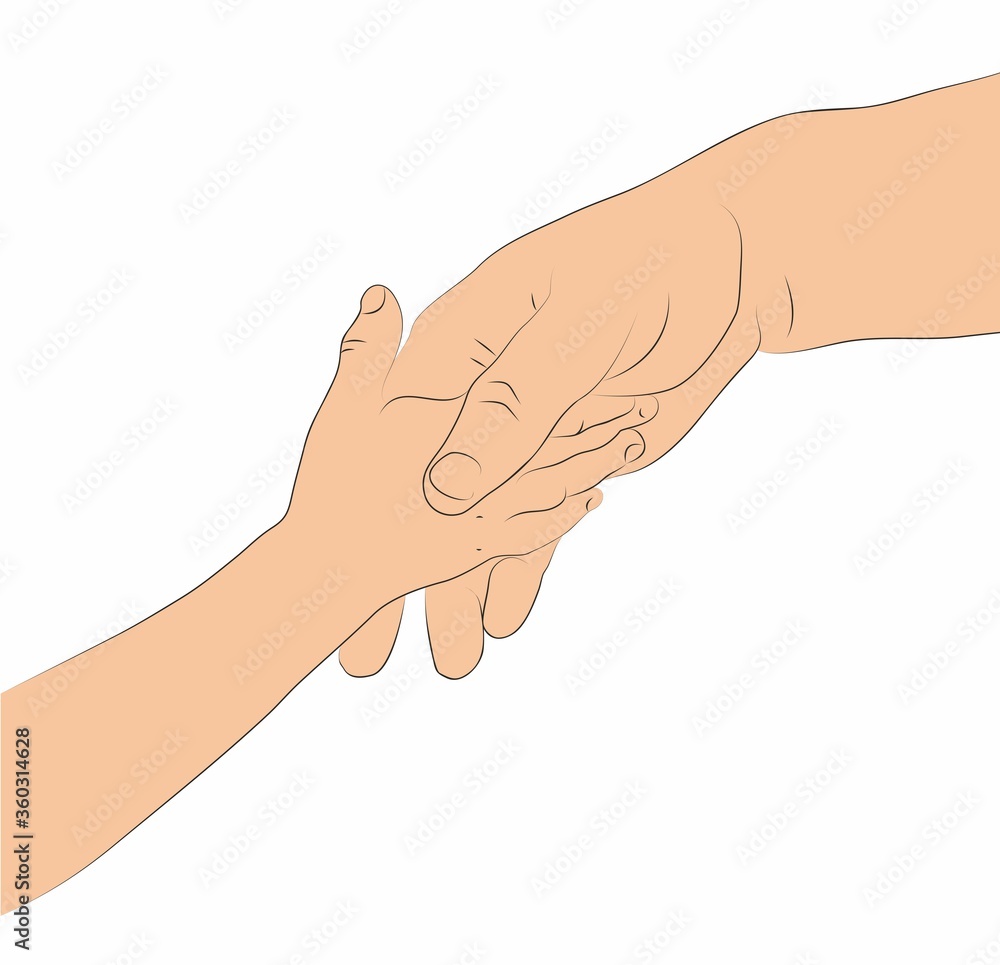 Child and adult hands hold each other. Sketch in color. Illustration on a white background. Child and adult hands hold each other. Sketch in color. Illustration on a white background.
