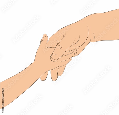 Child and adult hands hold each other. Sketch in color. Illustration on a white background.