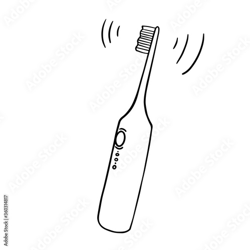 Freehand drawn black and white cartoon electric tooth brush. Individual accessories for brushing teeth. Vector isolated template doodle realistic drawing. For cards, posters, decor it can be used as a