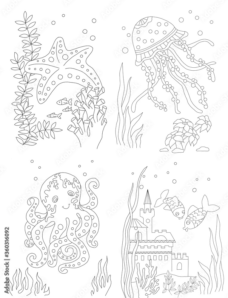 Cute underwater sea coloring book page for kids. Cartoon cute marine wild animals, sea elements. illustration. Black and white hand drawn doodle for coloring book. Ocean animal