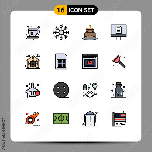 Mobile Interface Flat Color Filled Line Set of 16 Pictograms of settings, estate, indian, office, computer photo