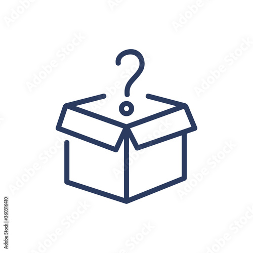 Open box thin line icon. Question mark, surprise, cargo isolated outline sign. Delivery, parcel, mystery concept. Vector illustration symbol element for web design and apps