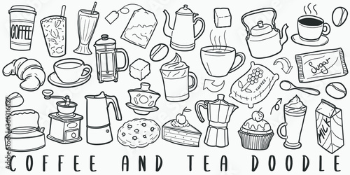 Coffee and Tea Doodle Line Art Illustration. Hand Drawn Vector Clip Art. Banner Set Logos.