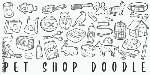 Pet Shop Doodle Line Art Illustration. Hand Drawn Vector Clip Art. Banner Set Logos.