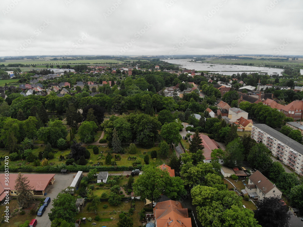Aerial view of hanseatic league Anklam a town in the Western Pomerania region of Mecklenburg-Vorpommern, Germany. It is situated on the banks of the Peene river.