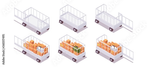 Isometric set open airport baggage trailer baggage cart, luggage carts, luggage trolleys full and empty, with open door