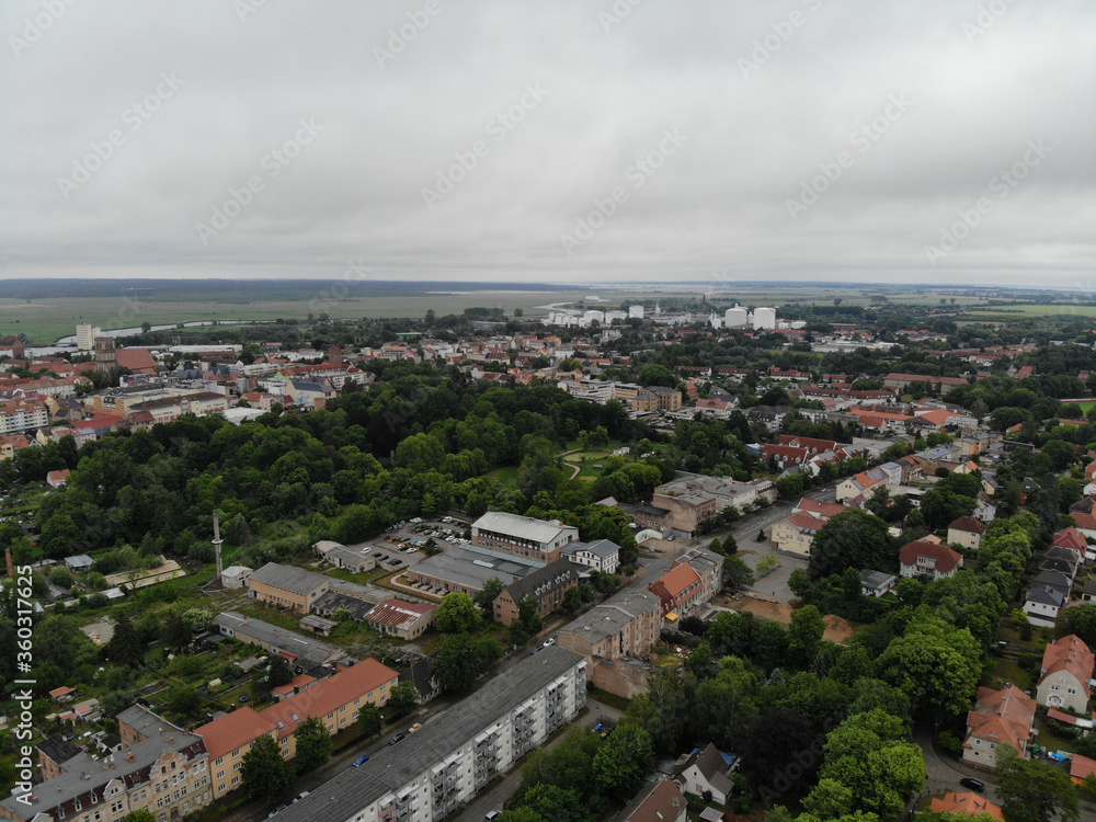 Naklejka premium Aerial view of hanseatic league Anklam a town in the Western Pomerania region of Mecklenburg-Vorpommern, Germany. It is situated on the banks of the Peene river.