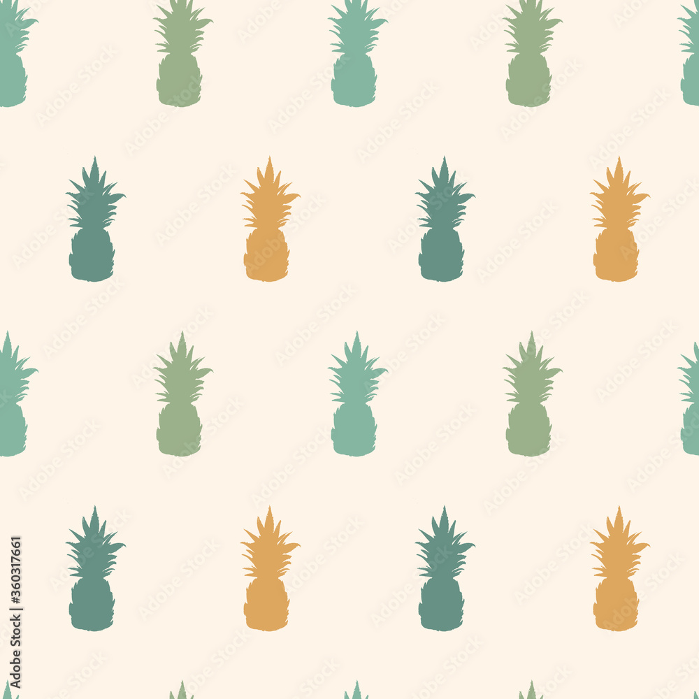 Tropical pineapple colorful seamless pattern. Summer design with hand drawn sketch elements. Vector illustration in pastel colors.