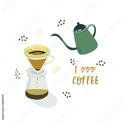Flat vector illustration of chemex with coffee Cup kettle. Alternative ways to brew coffee. Coffee culture.