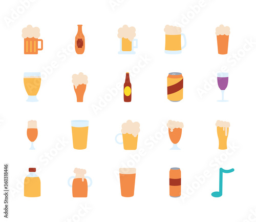 beer bottles and beer glasses icon set, flat style