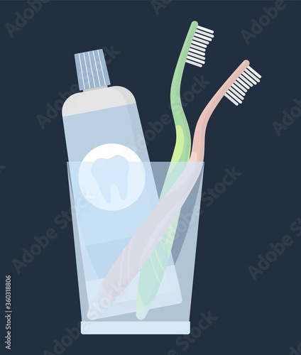 Oral care instruments and dental health tools on dark background. Flat vector illustration set of classic toothbrush of green and red colors with a toothpaste standing in a transparent glass.