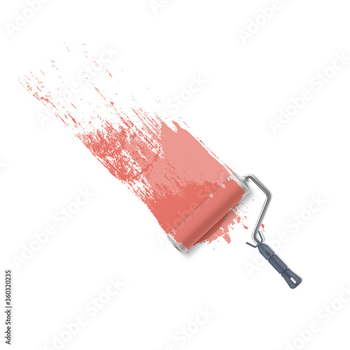 Background with roller brush and pink paint. Painting the wall.