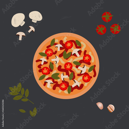 A whole pizza with ingredients on a gray background. Mushrooms, tomatoes, garlic, Basil.