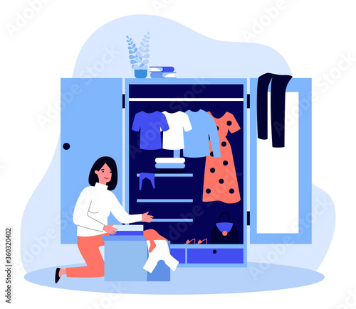 Woman packing box with clothes at her wardrobe. Donation, storage, closet flat vector illustration. Charity, volunteer, recycling concept for banner, website design or landing web page