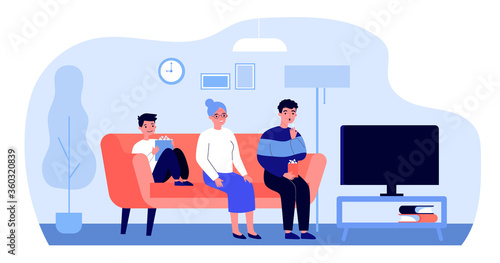 Happy family watching TV at home. Grandma, child and man sitting on couch in living room flat vector illustration. Leisure time, movie, show concept for banner, website design or landing web page