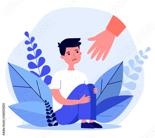 Helping hand for crying boy. Family problem, depressed unhappy kid flat vector illustration. Childhood, help, support concept for banner, website design or landing web page