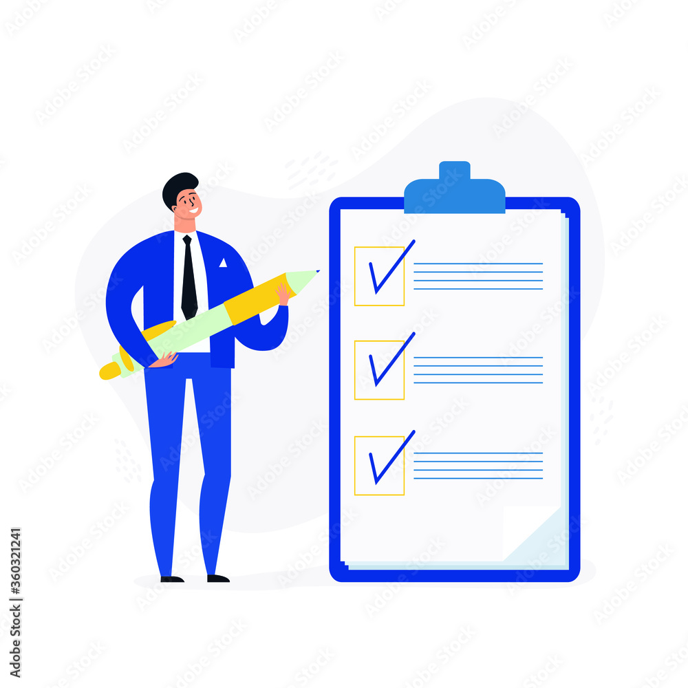 Office Manager boss fills out form for web banner infographic website. Concept done job checklist. Clipboard with long paper document to do list with checkboxes. Time and tasks management for success Office Manager boss fills out form for web banner infographic website. Concept done job checklist. Clipboard with long paper document to do list with checkboxes. Time and tasks management for success