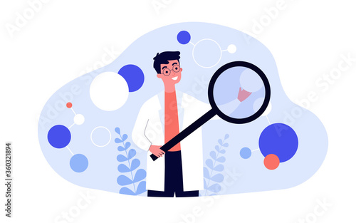 Scientist in lab coat checking algorithm flat vector illustration. Cartoon character with magnifier researching artificial neurons. Science, technology and neuroscience concept
