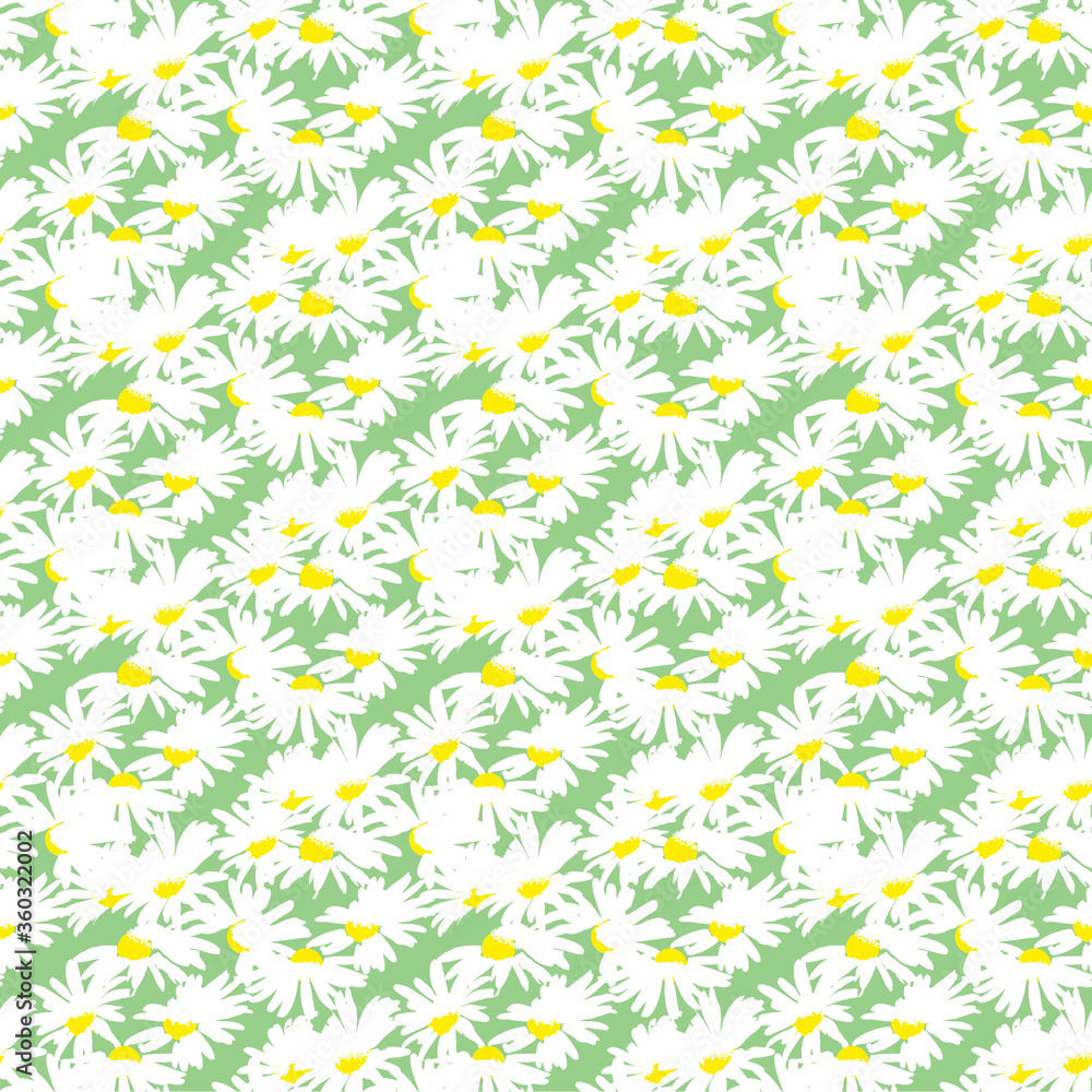 Hand-drawn seamless pattern with floral print. Abstract white daisies on green background. Vector pattern for printing on fabric, gift wrapping, covers, wallpapers. Hand-drawn seamless pattern with floral print. Abstract white daisies on green background. Vector pattern for printing on fabric, gift wrapping, covers, wallpapers.