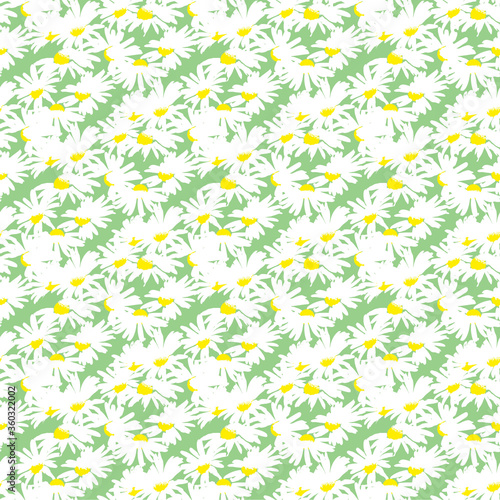 Hand-drawn seamless pattern with floral print. Abstract white daisies on  green background. Vector pattern for printing on fabric, gift wrapping, covers, wallpapers.