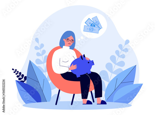 Sad woman holding empty piggy bank. Person dreaming about money saving flat vector illustration. Personal budget failure, finance, loss concept for banner, website design or landing web page