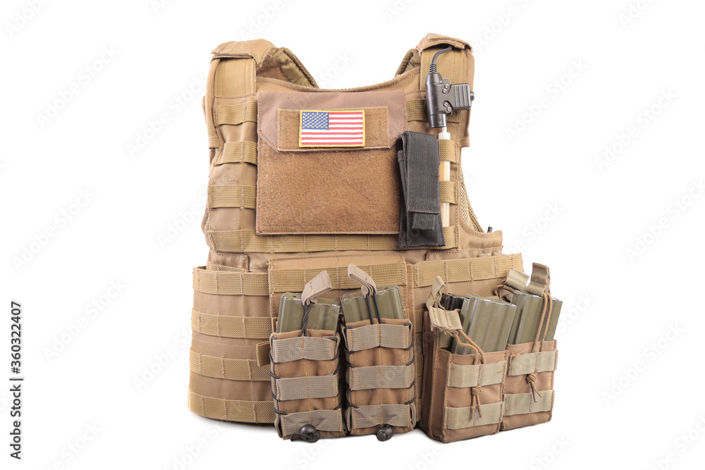 Isolated photo of a military armor olive colored tactical vest molle system  with pouches, white background. Stock 写真 | Adobe Stock