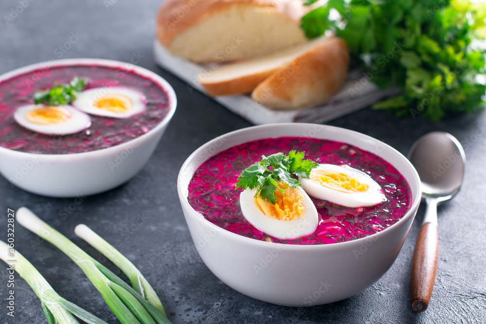 Cold beetroot (beet) soup on yogurt with egg, onion and cucumbers on a dark background