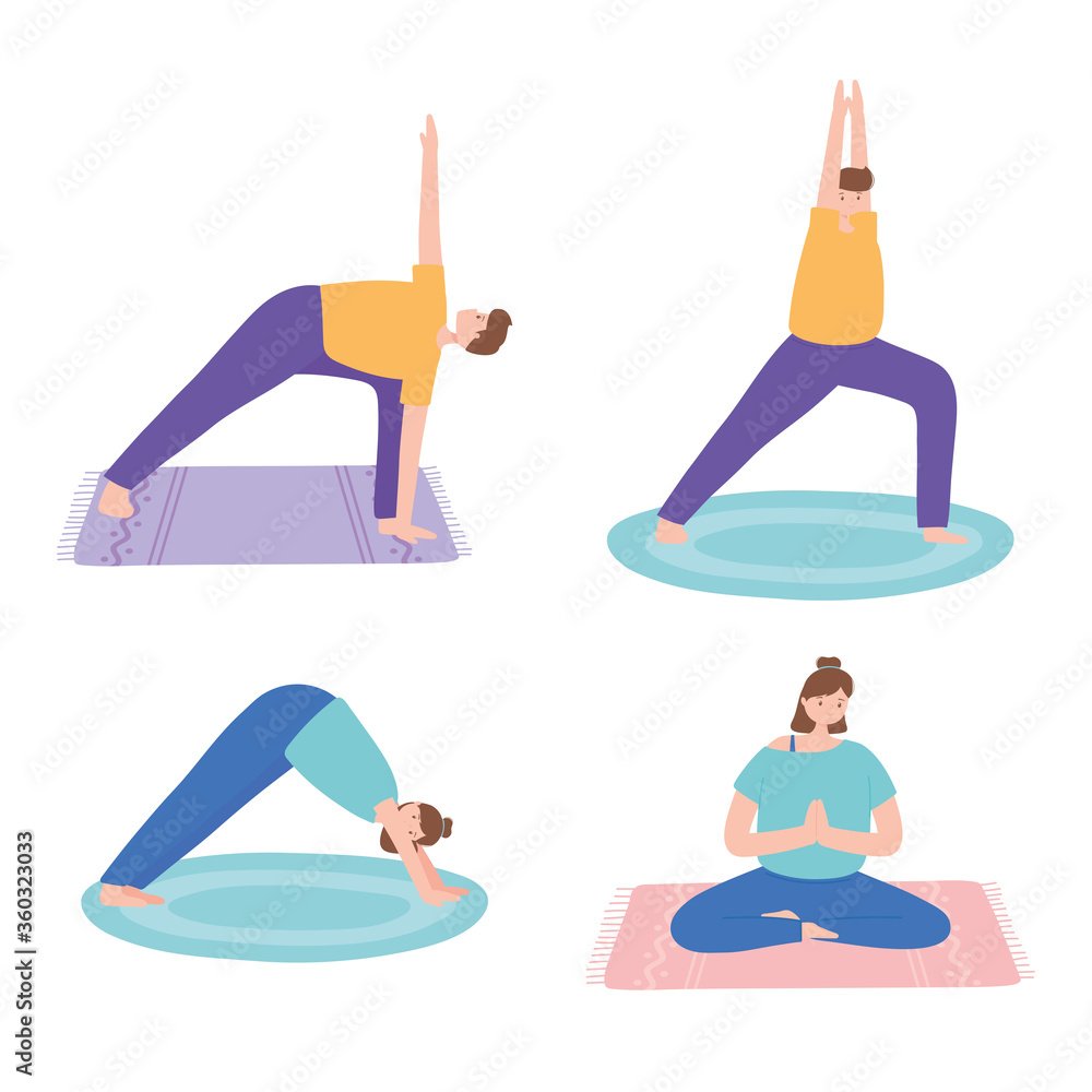 people practicing yoga different pose exercises, healthy lifestyle, physical and spiritual practice set people practicing yoga different pose exercises, healthy lifestyle, physical and spiritual practice set