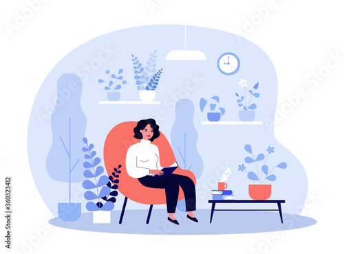 Woman reading book in home garden and sitting in armchair isolated flat vector illustration. Lady relaxing in cozy room with plants. Houseplant, gardening and hobby concept