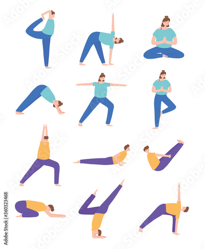 people practicing yoga different pose exercises, healthy lifestyle, physical and spiritual practice set